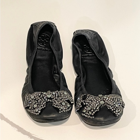 Tory Burch Black Leather Crystal Embellished Bow Eddie Ballet Flat - Picture 2 of 7